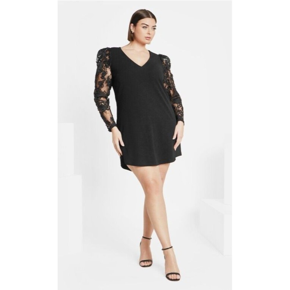 City Chic Black Keyla Mini Dress Sheer Sleeves Size 14 New